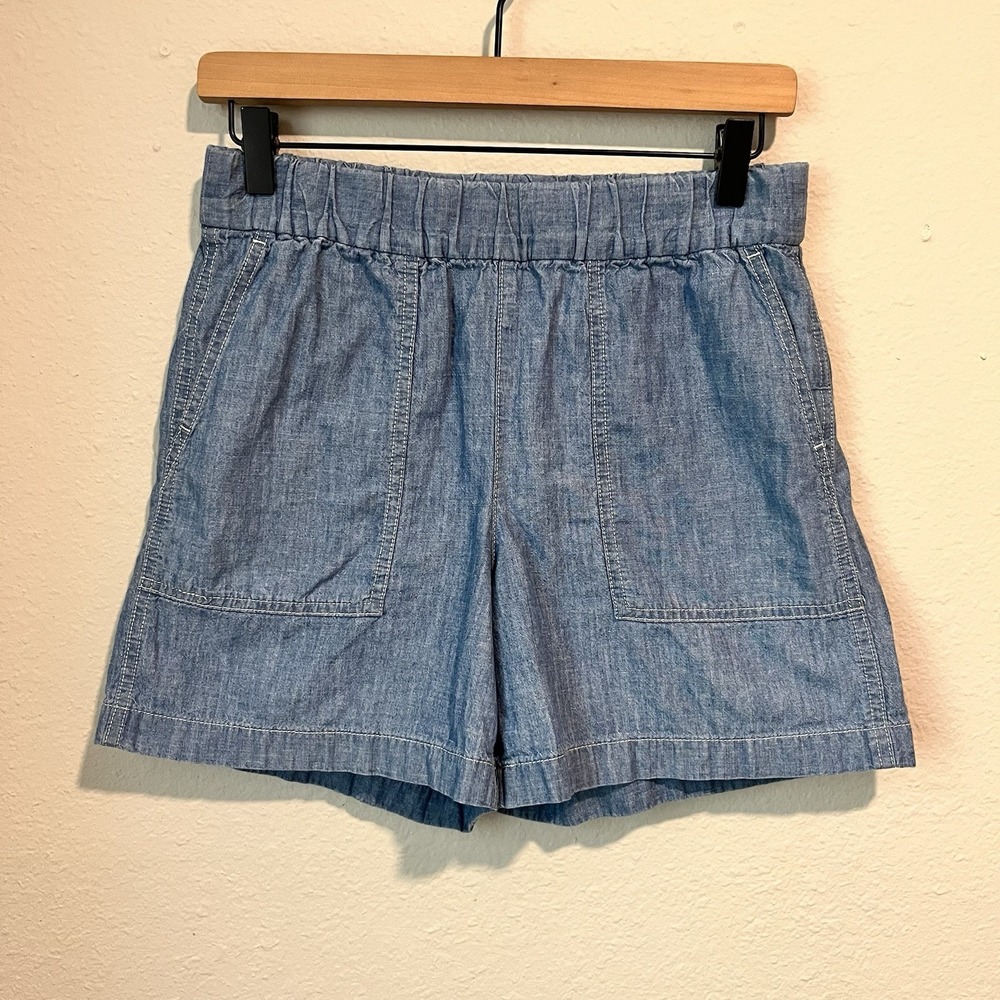 J Crew Women's Shorts Size XS Cotton Linen Pull On Pocket Camp Chambray Blue